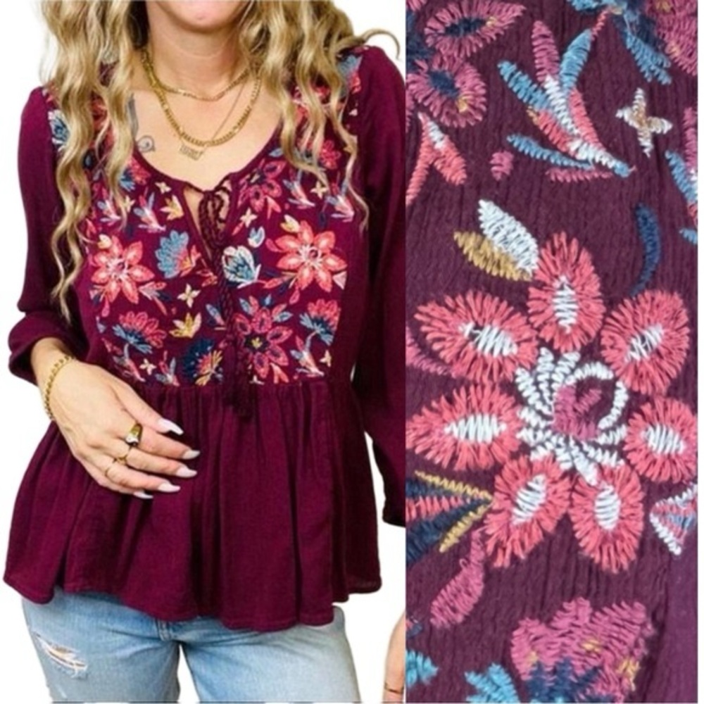 American Eagle Outfitters Burgundy Floral Embroidered Blouse. Medium